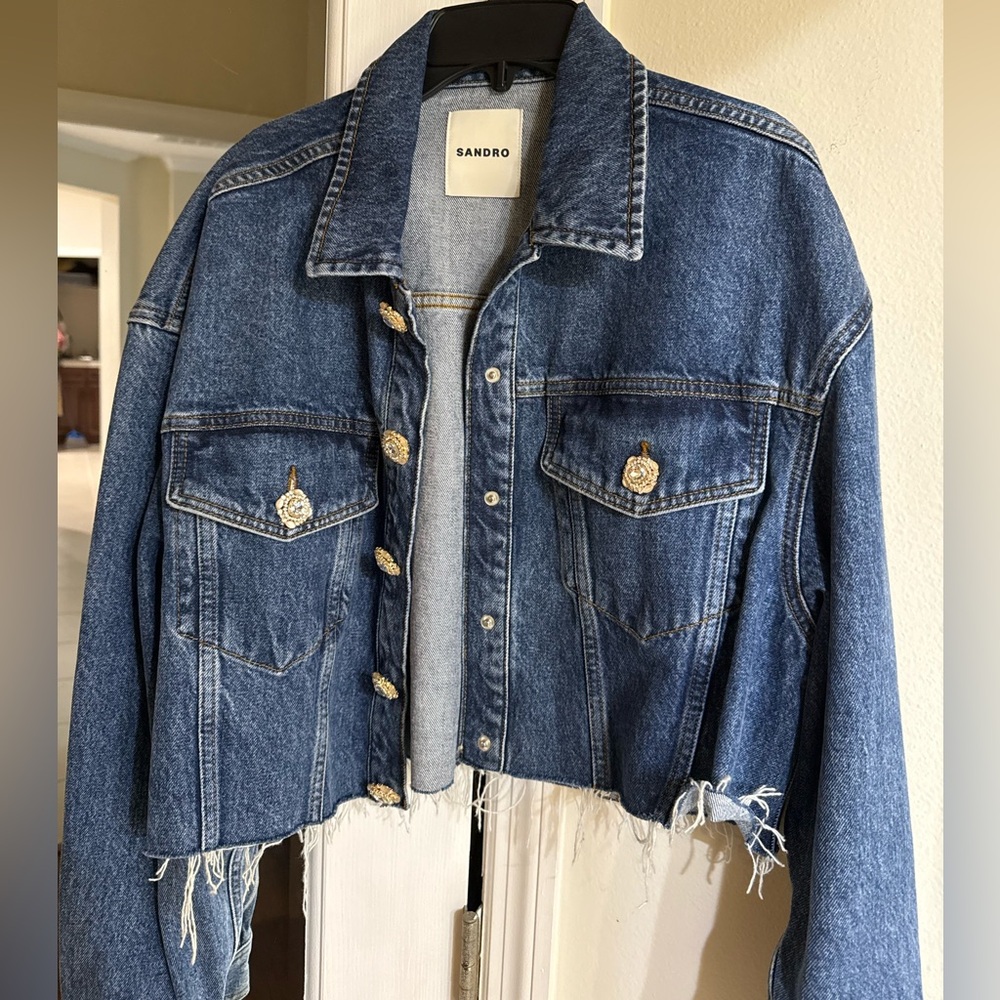 Sandro Distressed Denim Embellished Jacket